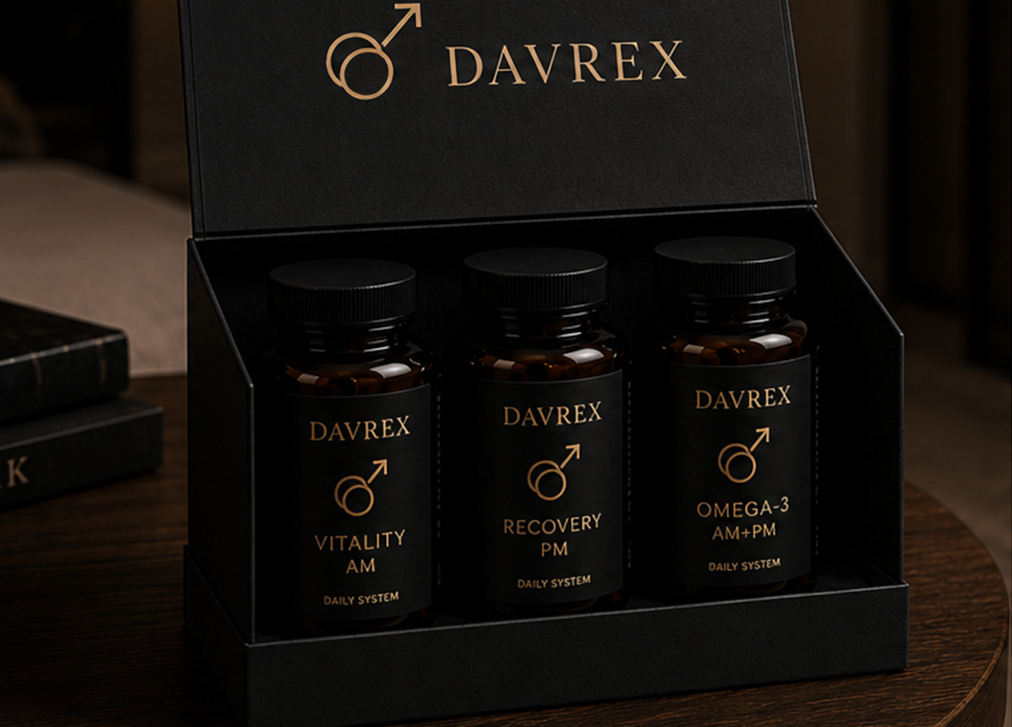 Davrex Vitality AM, Recovery PM, and Omega-3 supplement bottles in presentation box