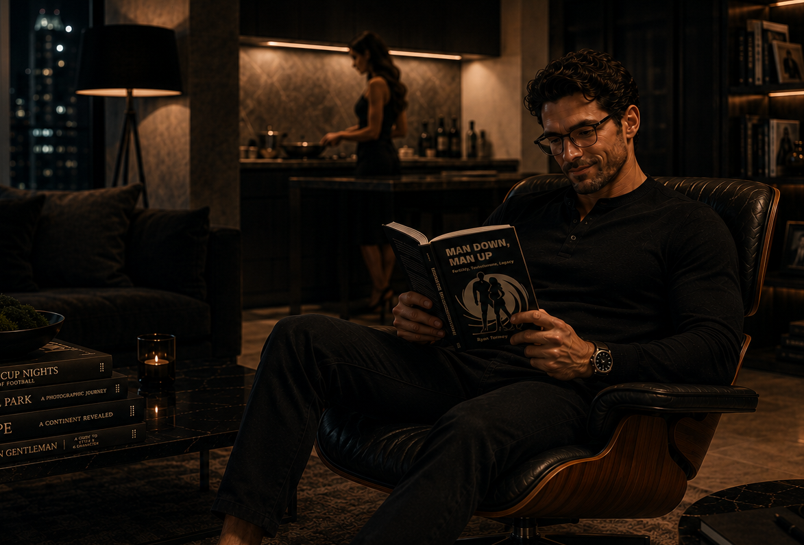 Man reading Man Down, Man Up book in a leather armchair