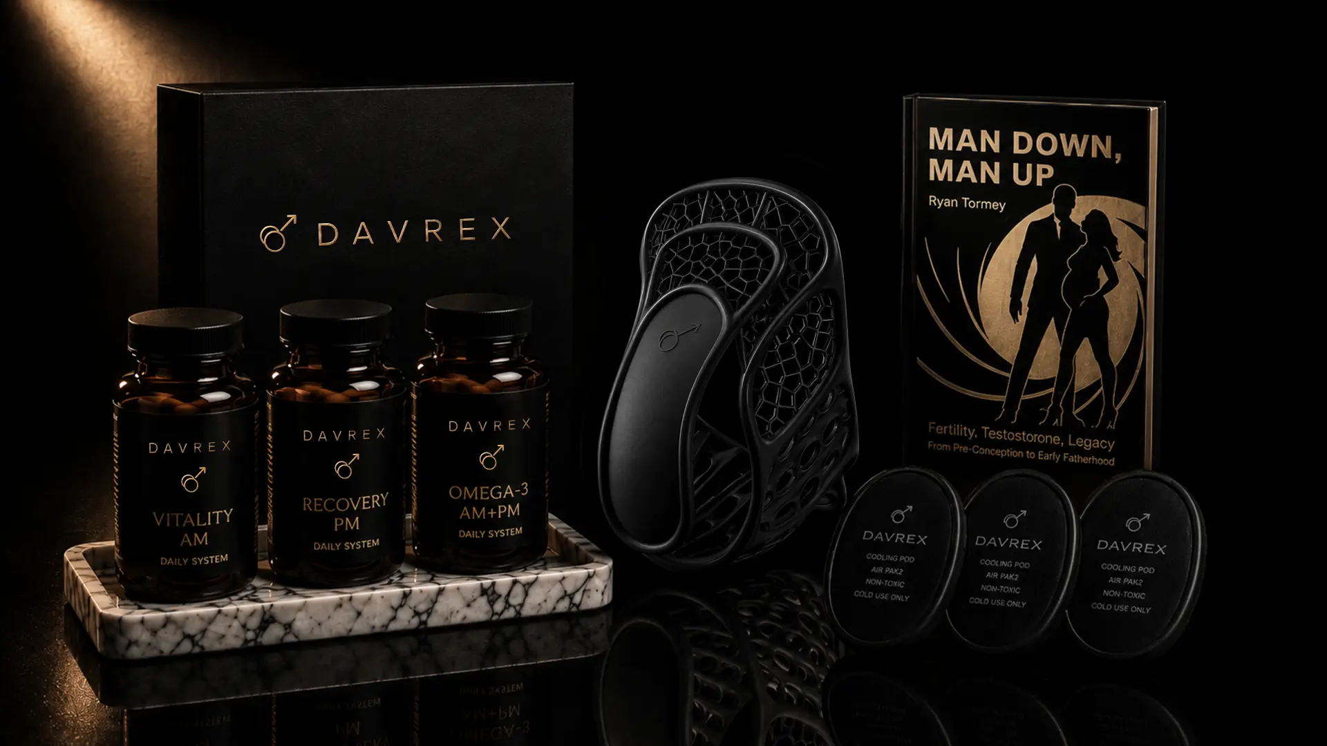 Davrex integrated system — thermoregulation wearable, Vitality AM and Recovery PM supplements, cooling therapy pods, Man Down Man Up guide, and Davrex app