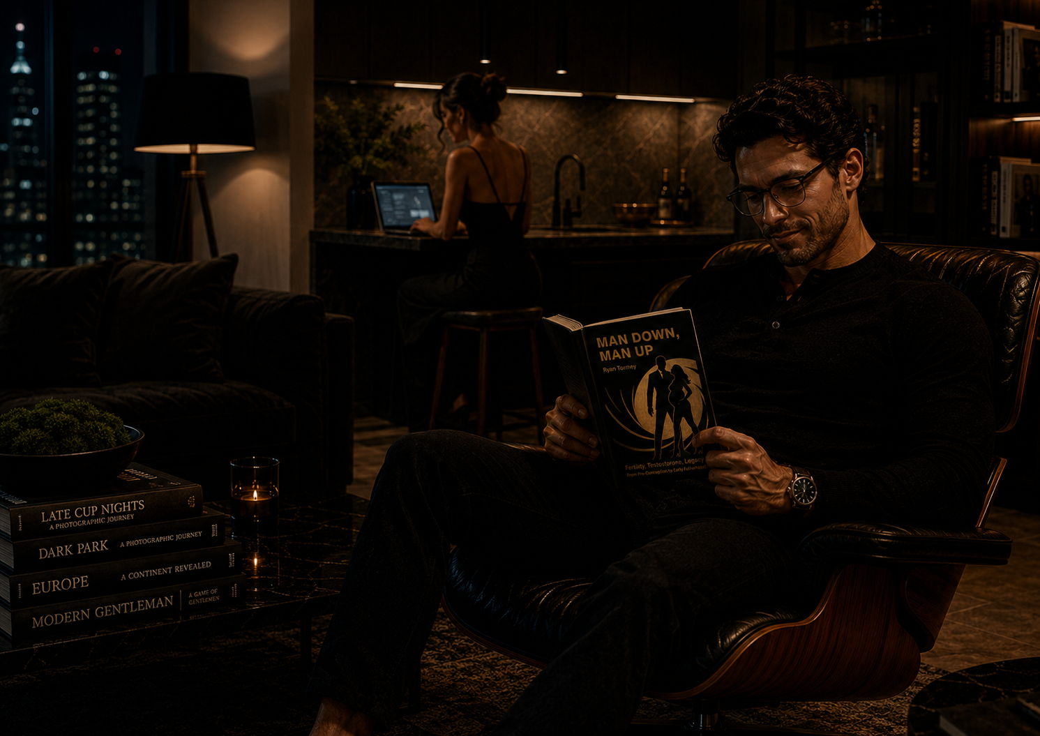 Man reading Man Down, Man Up book in a leather armchair