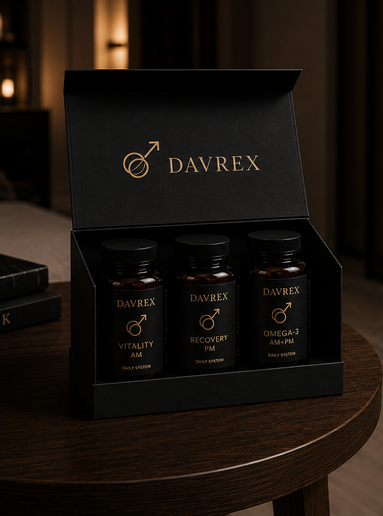 Davrex Vitality AM, Recovery PM, and Omega-3 supplement bottles in presentation box