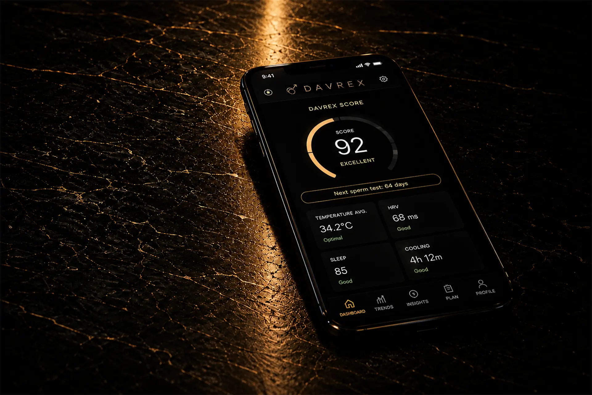 Davrex app dashboard showing Davrex Score, scrotal temperature average, HRV, sleep and cooling metrics