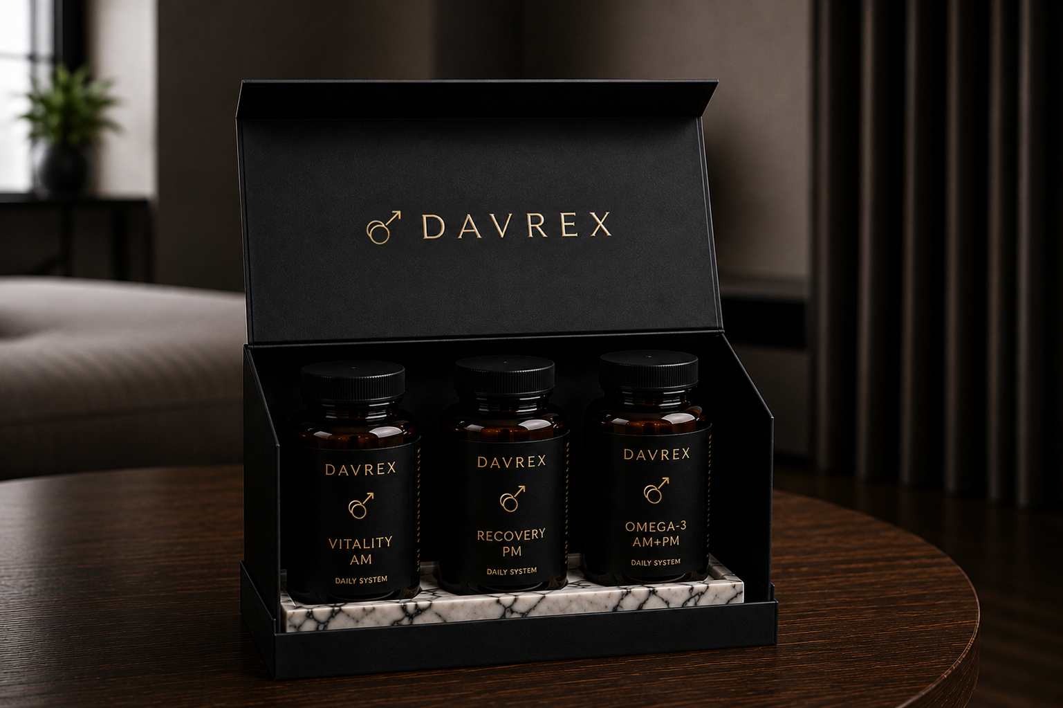 Davrex Vitality AM, Recovery PM, and Omega-3 supplement bottles in presentation box